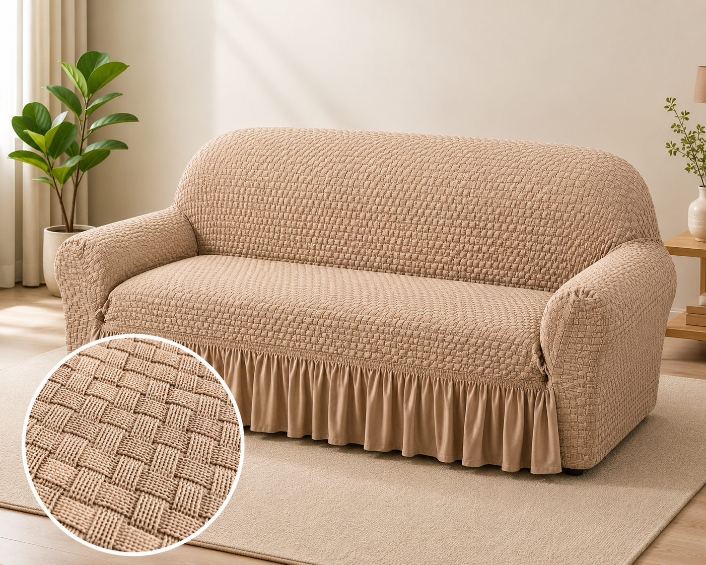 Beige Premium Butterfly Fabric Stretch Sofa Cover